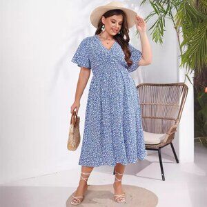 Summer plus-size V-neck slim elegant floral simple dress
